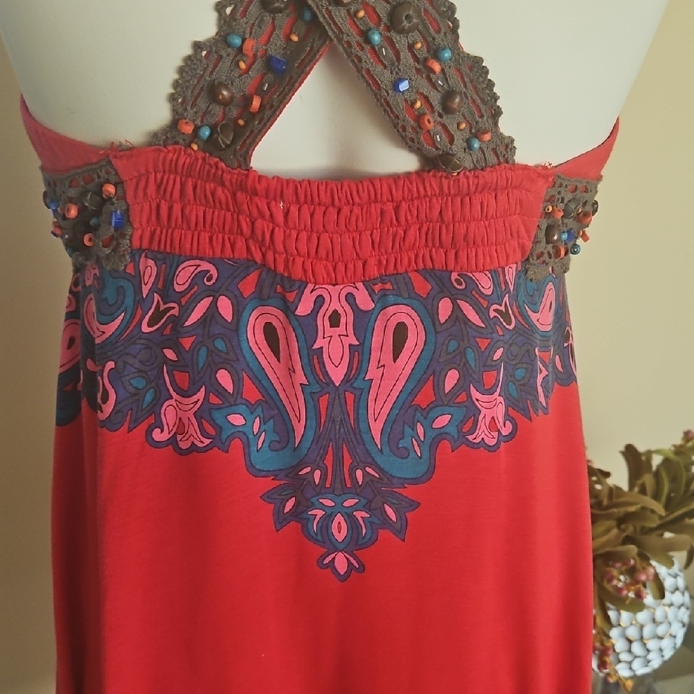 BEAUTIFUL FREE PEOPLE RED, PINK, AND BROWN BEADED TUNIC OR DRESS. NWOT. - Picture 12 of 16